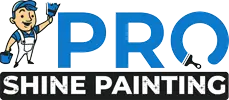 Logo for a painting company, "Pro Shine Painting", possibly located in Maple Ridge BC, features a cartoon painter holding a paint bucket and waving. The word "Pro" is in large blue letters above the words "Shine Painting" on a black rectangular background.