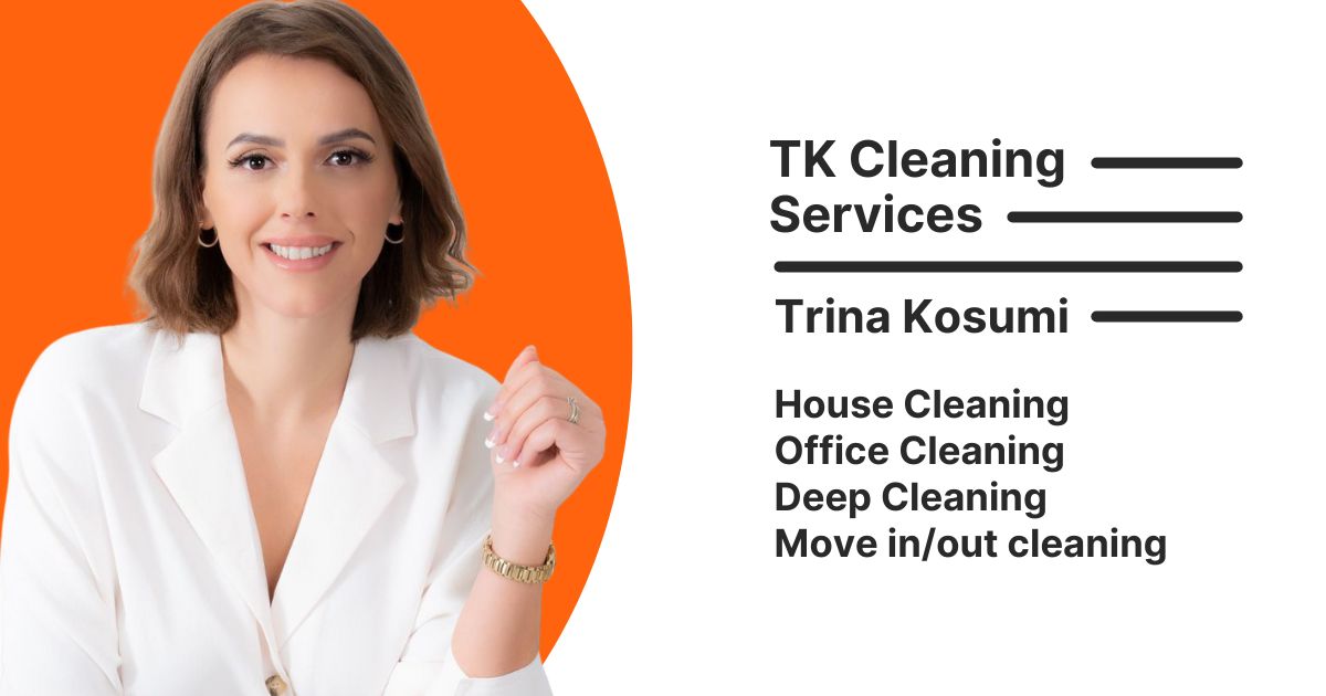 A friendly advertisement for TK Cleaning Services in Maple Ridge BC, featuring a smiling woman and a list of cleaning services.
