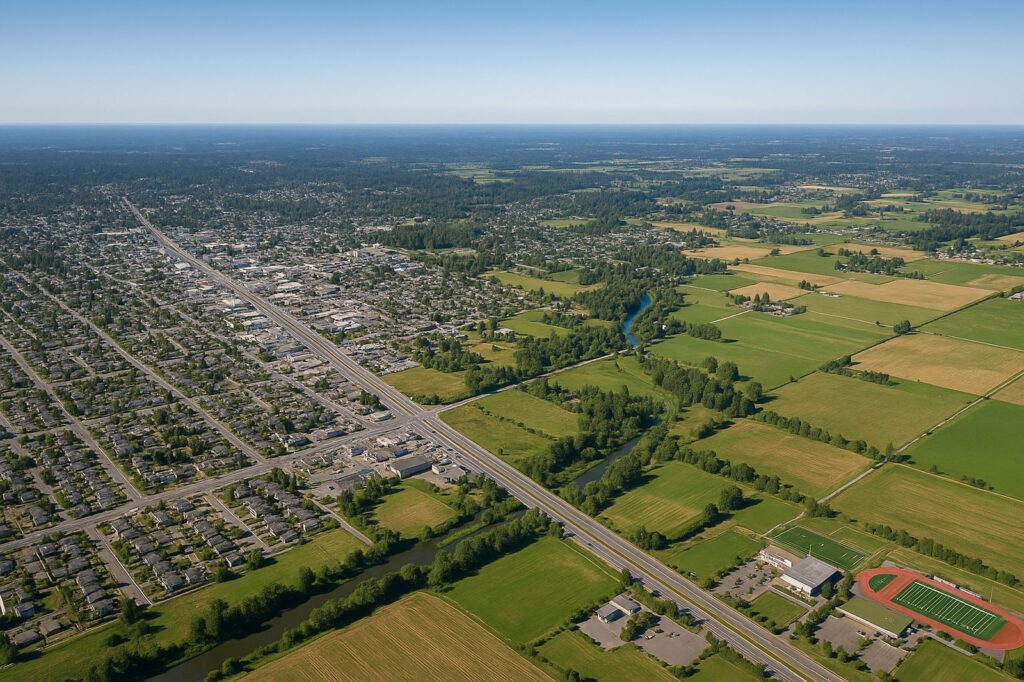 aerial view of town and farmland directory | GPS: 49.145018, -122.524986 aerial view of town and farmland directory | GPS: 49.145018, -122.524986