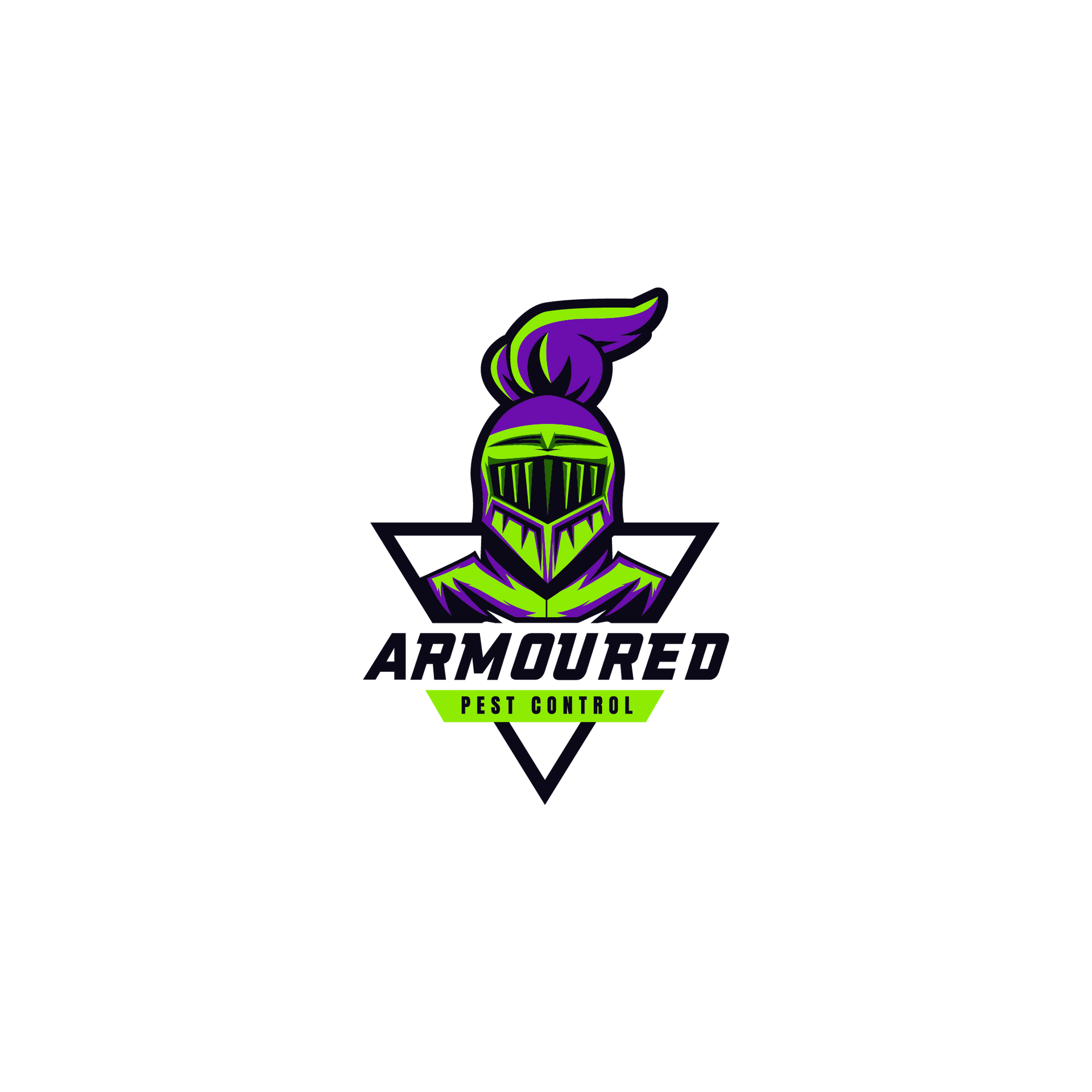A logo displays a neon green and purple knight's helmet, below which reads "Armoured Pest Control". This might be a local business in Maple Ridge BC.