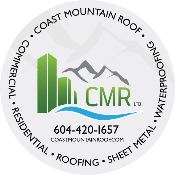 The Coast Mountain Roof logo depicts a building, mountain range, and wave within a circular design. The logo also includes a phone number and website, and the text "Commercial, Residential, Roofing, Sheet Metal, Waterproofing" with "Coast Mountain Roof" near the top of the circle. This business may serve Maple Ridge BC.