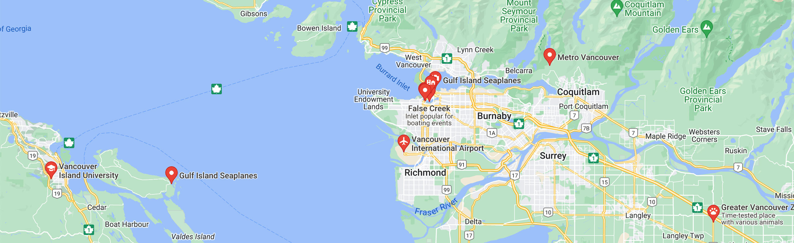 A map showing Vancouver, BC and surrounding areas like Maple Ridge and Maple Ridge BC with location markers.