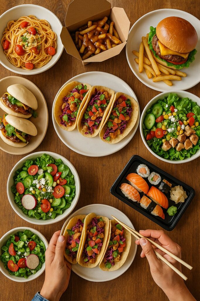 local-food-spread-with-salads-tacos-burger-and-pasta local food spread with salads tacos burger and pasta | GPS: 49.168947, -122.488444