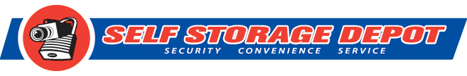 Self Storage Depot logo featuring a camera inside a lock and the words "Security, Convenience, Service" below, potentially representing a storage business in Maple Ridge BC.