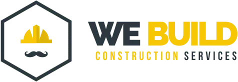 The logo for We Build Construction Alliance in Maple Ridge BC, featuring a yellow construction hat icon within a pixelated, dark green hexagon and the company name in yellow block letters.