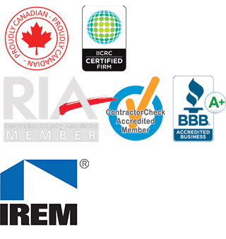 A collection of various accreditation and membership logos for professional organizations, likely related to a business in Maple Ridge BC.