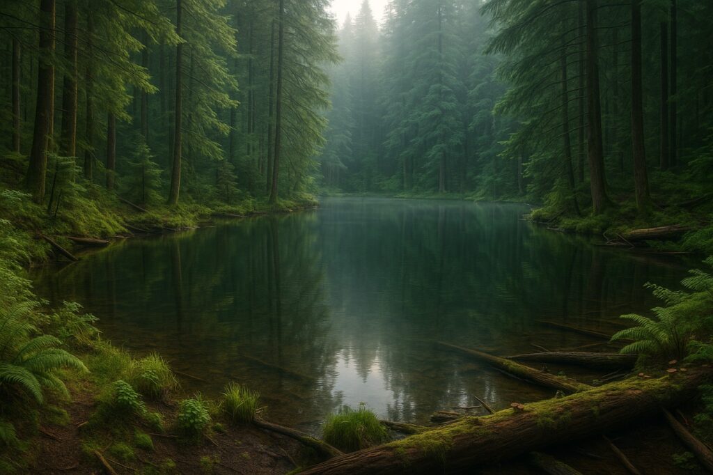 misty forest reflection local lake scenery | GPS: 49.111188, -122.576648