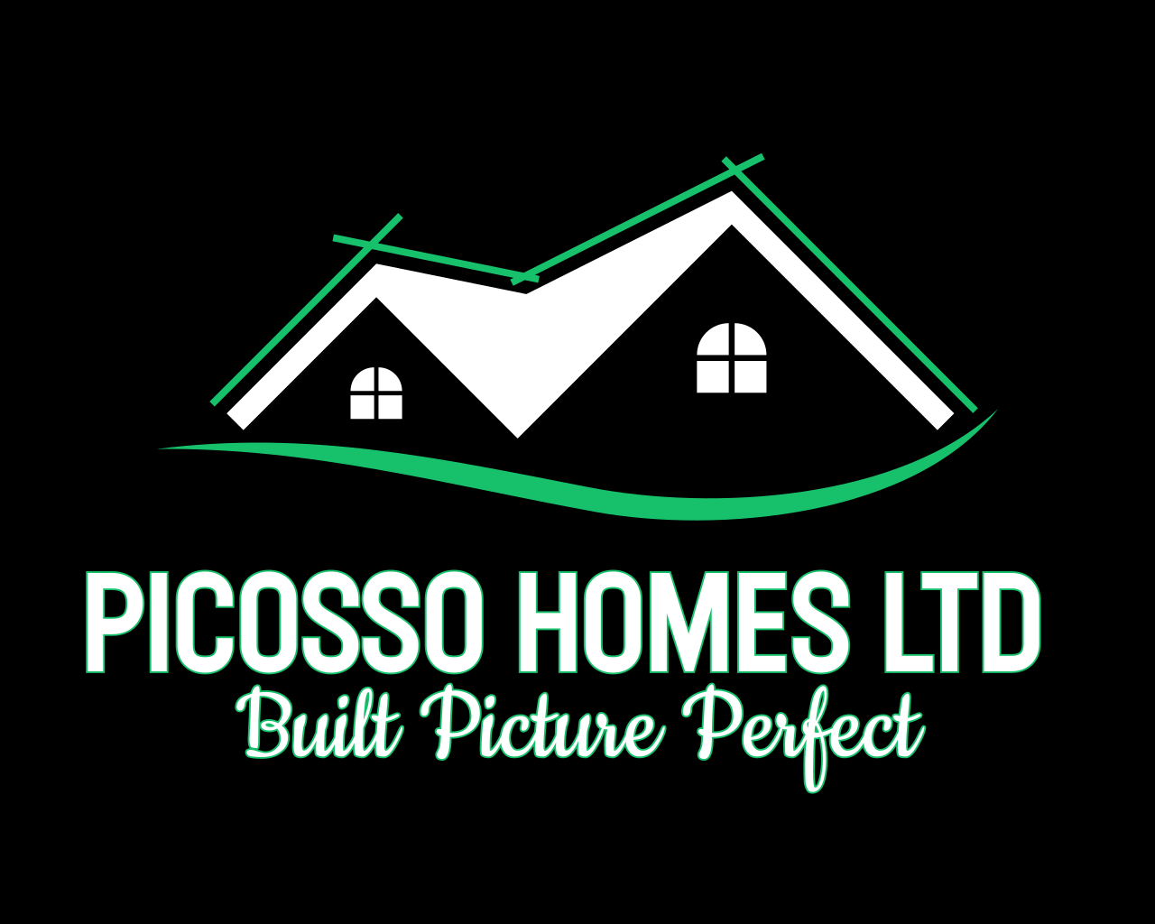 The logo for Picosso Homes LTD, potentially serving Maple Ridge BC, displays a stylized house outline with "Built Picture Perfect" underneath the company name. The design uses green and white on a black background.