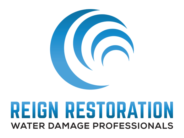 The logo of Reign Restoration, water damage professionals in Maple Ridge BC, features a stylized blue wave design above the company name.