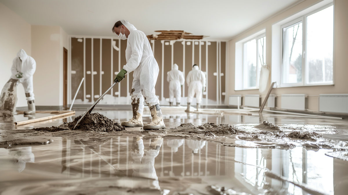 In what appears to be Maple Ridge BC, workers in protective suits and boots are cleaning up a flooded room, using shovels to move mud and debris across a water-covered floor. The walls are partially damaged, and light streams in through large windows.