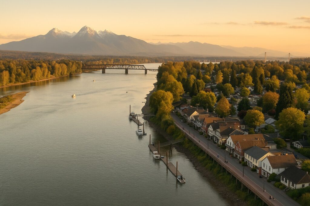 scenic view of river and mountains near langleys town | GPS: 49.189043, -122.457755