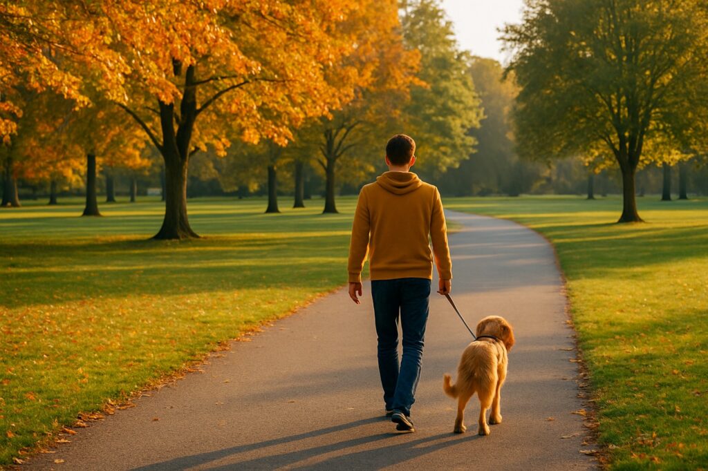 walking in autumn park with local dog owner | GPS: 49.166340, -122.492425 walking in autumn park with local dog owner | GPS: 49.166340, -122.492425