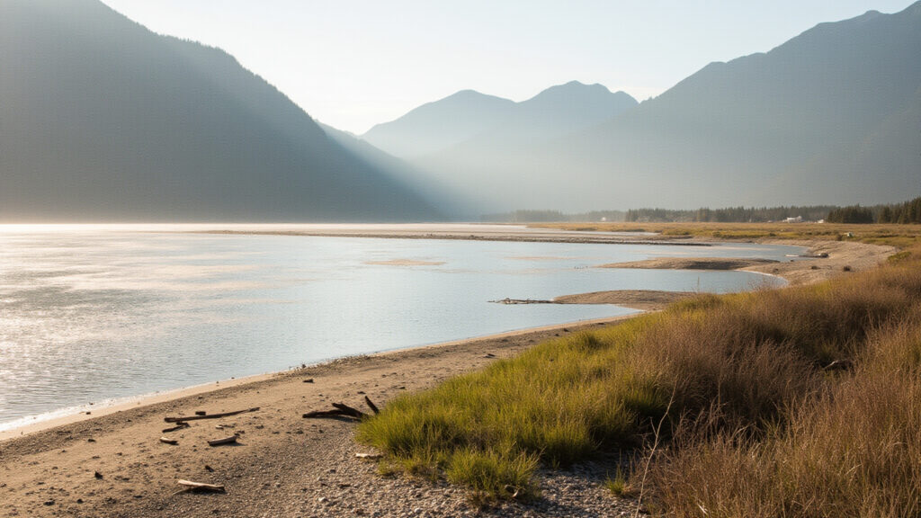 Pitt Lake tidal freshwater lake with forested mountains in the mist