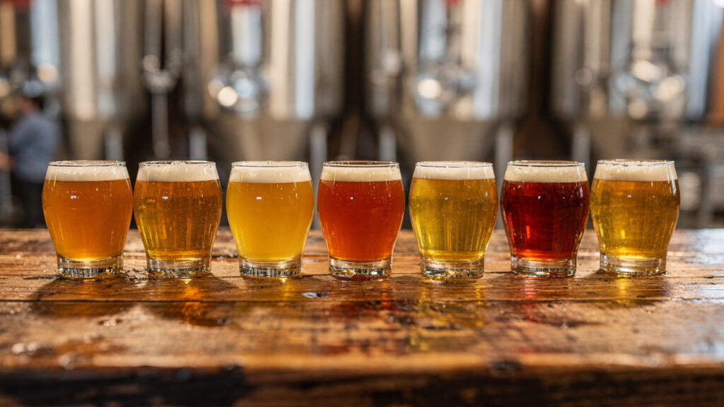 Craft beer tasting flight glasses lined up on a wooden bar in a Maple Ridge brewery taproom