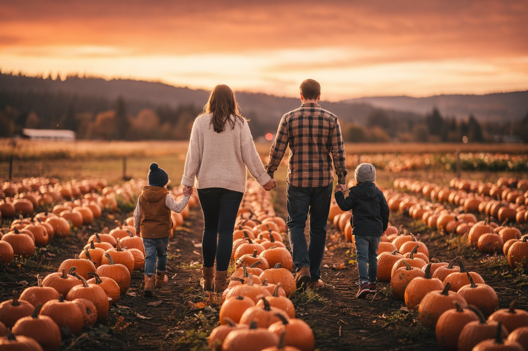 Family walking together through a pumpkin patch at sunset in Maple Ridge, seen from behind