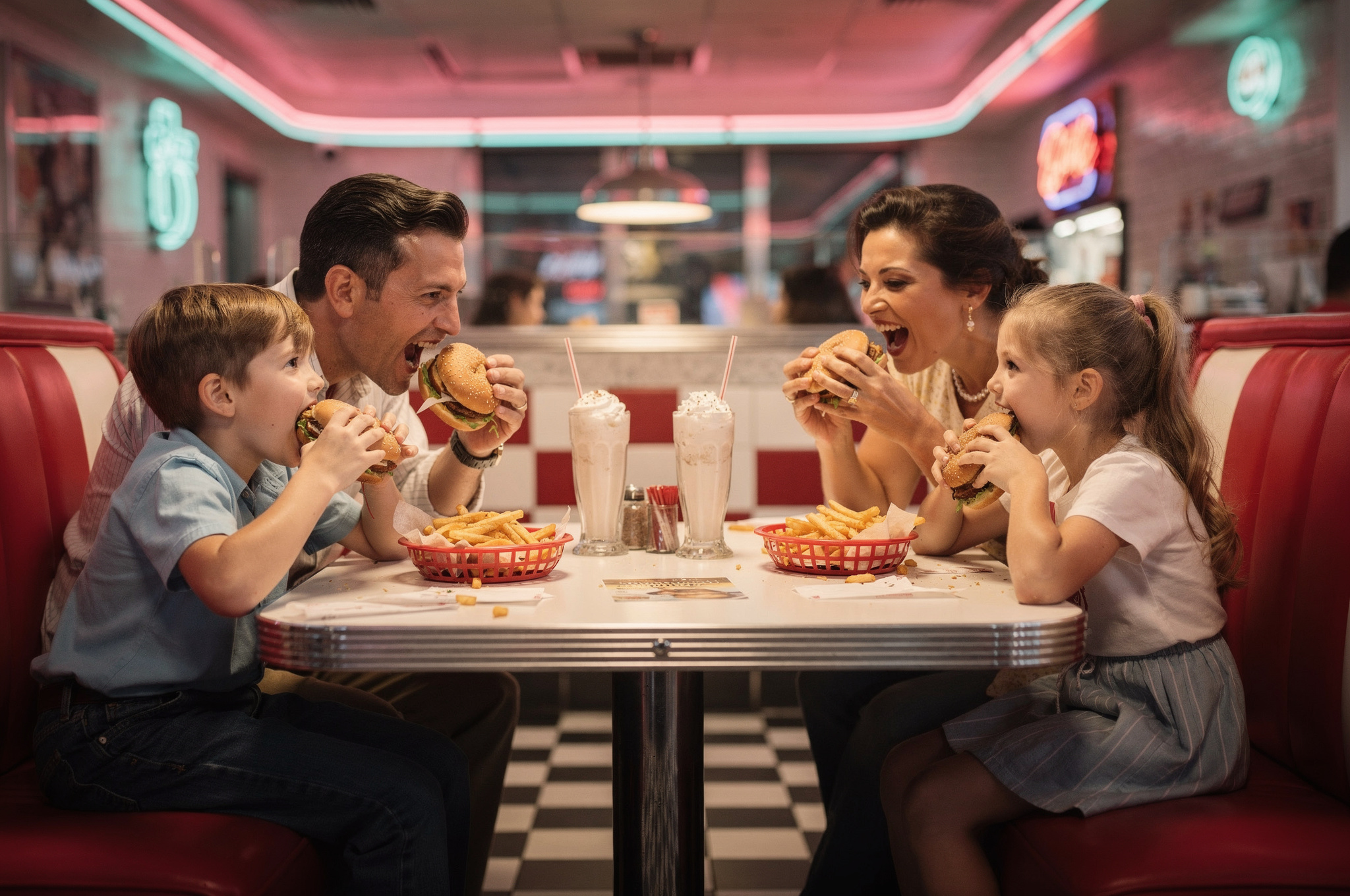 family diner meal maple ridge hamburgers fries milkshakes v2 Maple Ridge BC Family Restaurants Kids Love family enjoying burgers and milkshakes at a retro diner booth in Maple Ridge