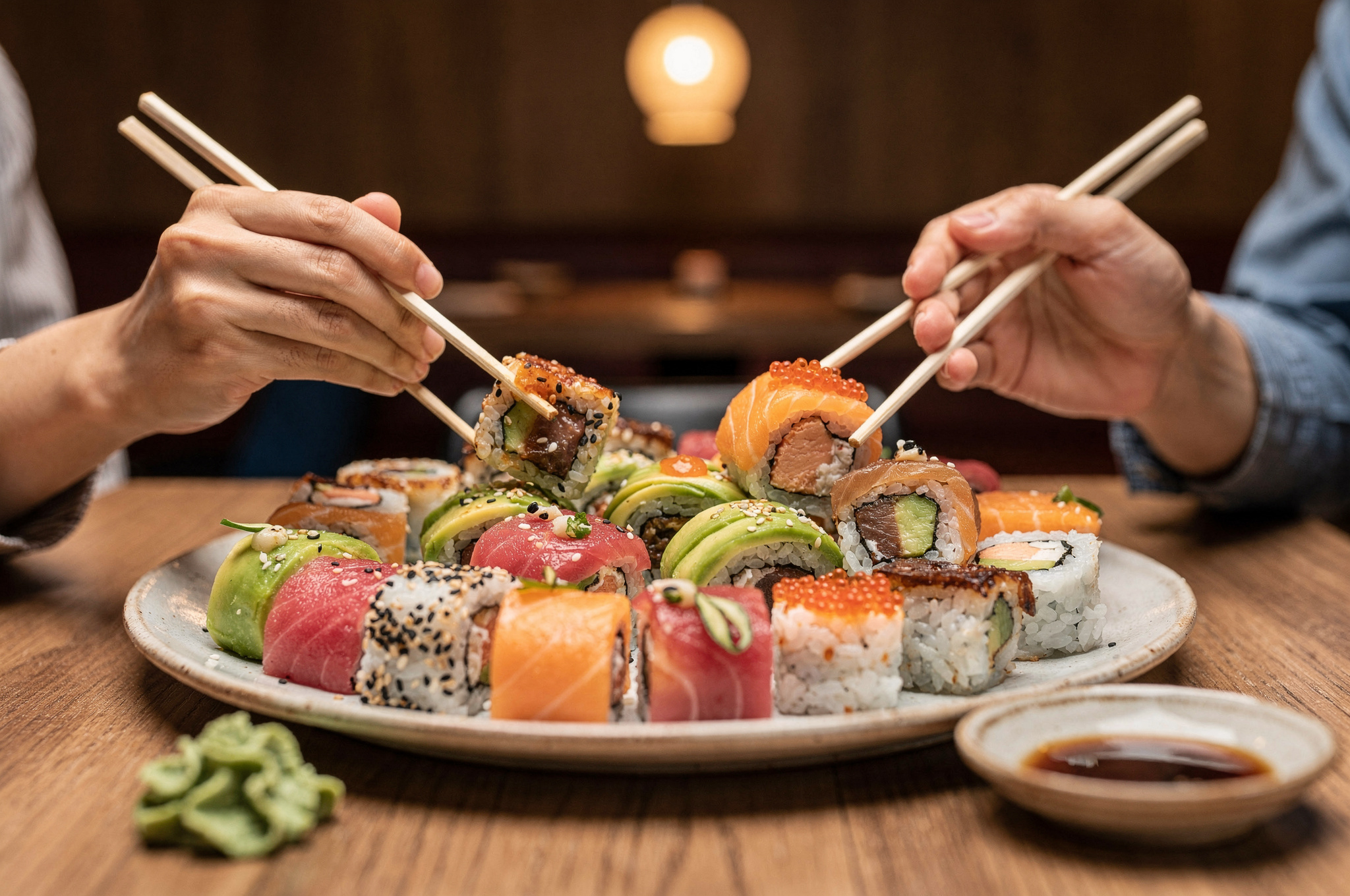 family enjoying sushi meal at restaurant maple ridge v2 Sushi in Maple Ridge hands with chopsticks sharing a sushi platter at a maple ridge restaurant