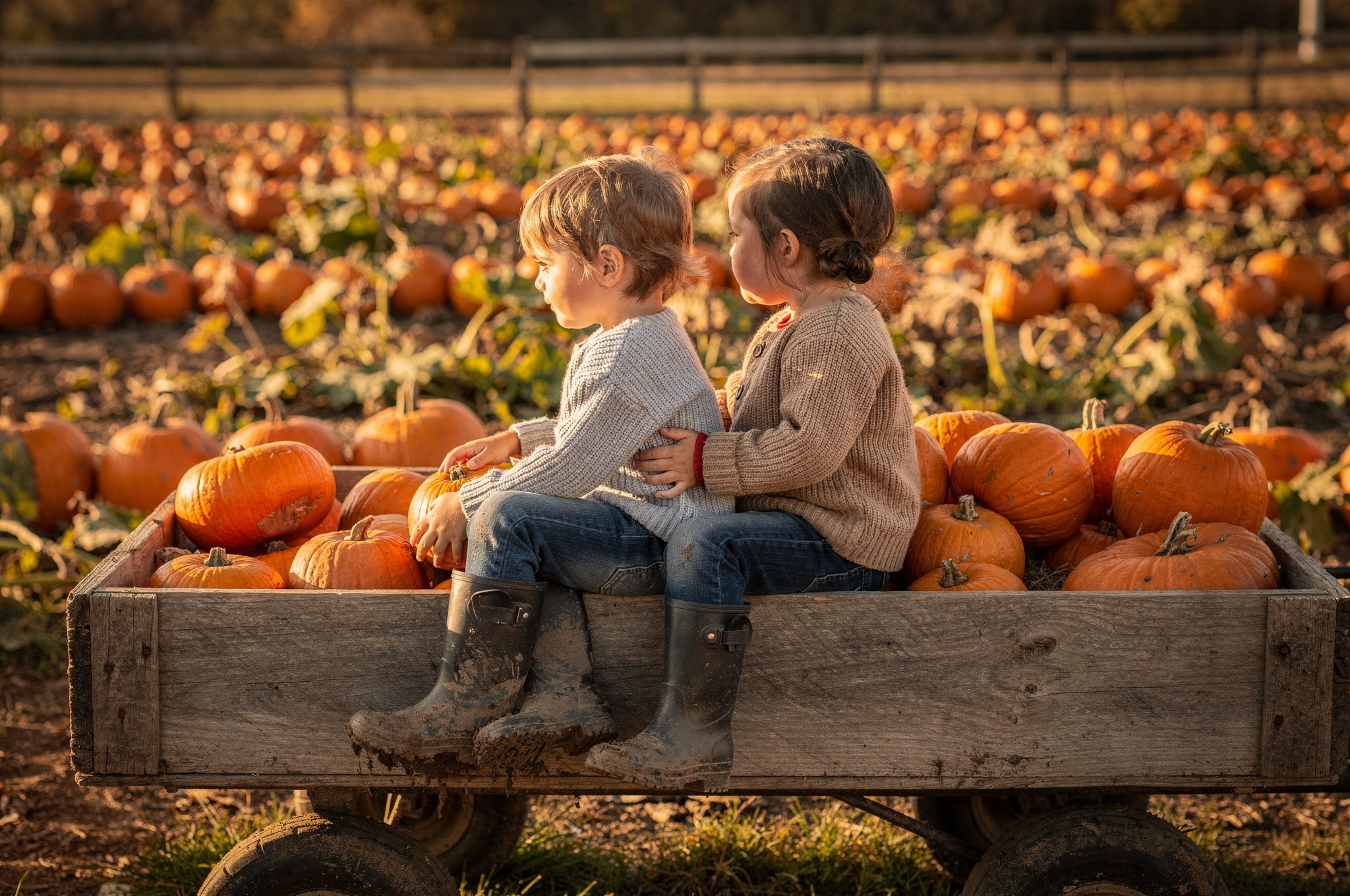 Two children in muddy boots sitting in a wagon full of pumpkins at a Maple Ridge pumpkin patch
