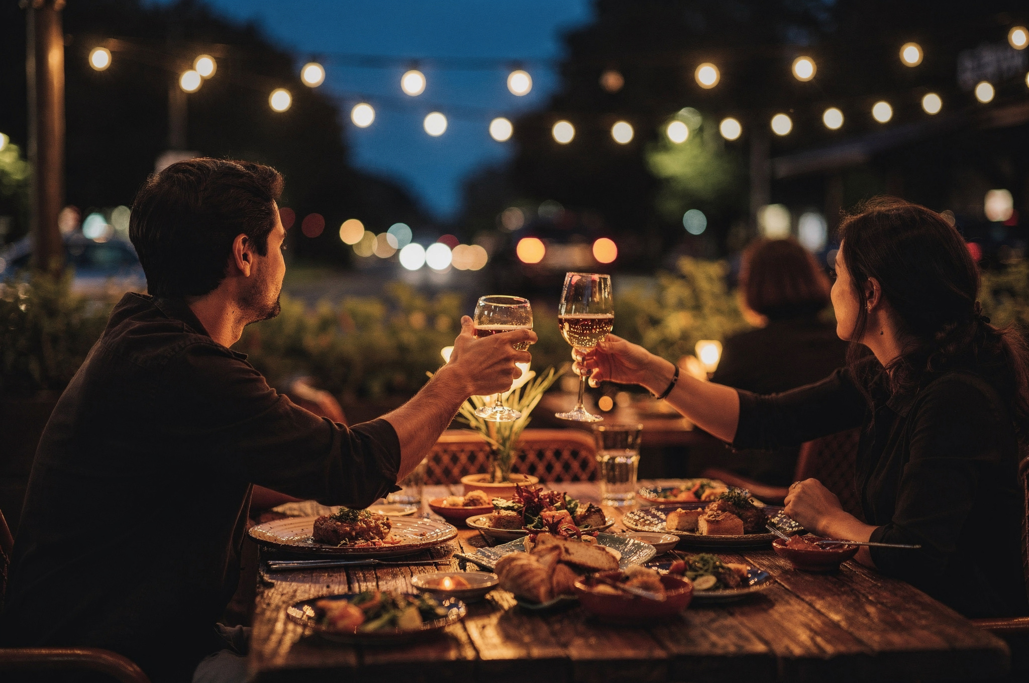 friends toasting drinks at an outdoor restaurant patio in downtown Maple Ridge, seen from the side