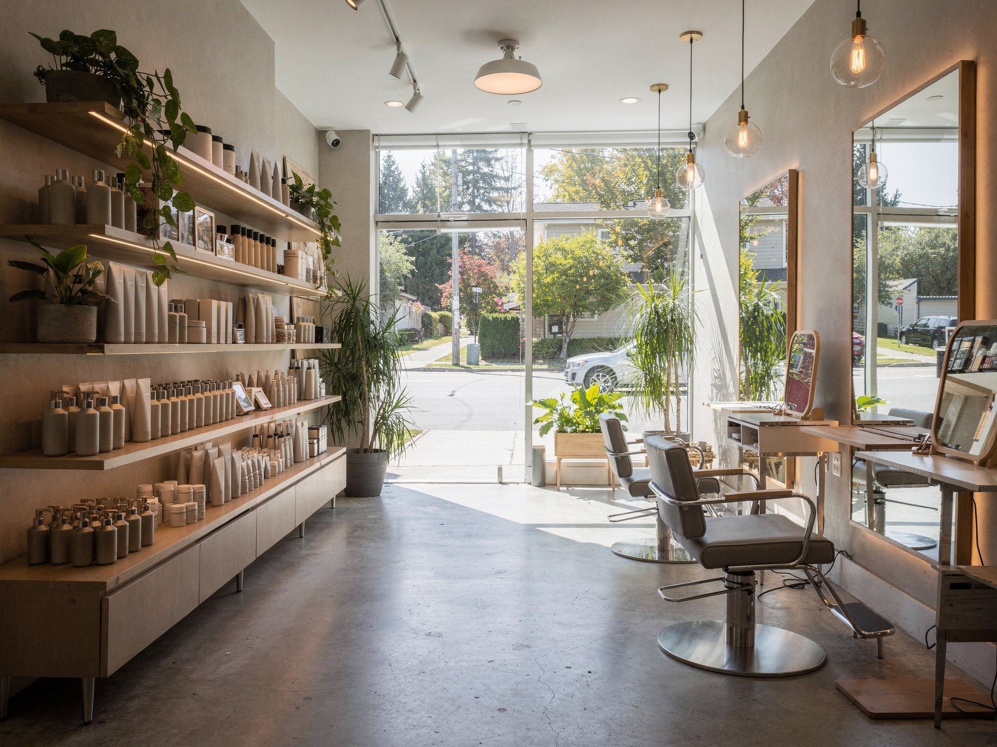 shop2 1 v2 Top Hair Salons in Maple Ridge Boutique-style hair salon retail shelving and styling chair near Pitt Meadows with plants and natural light