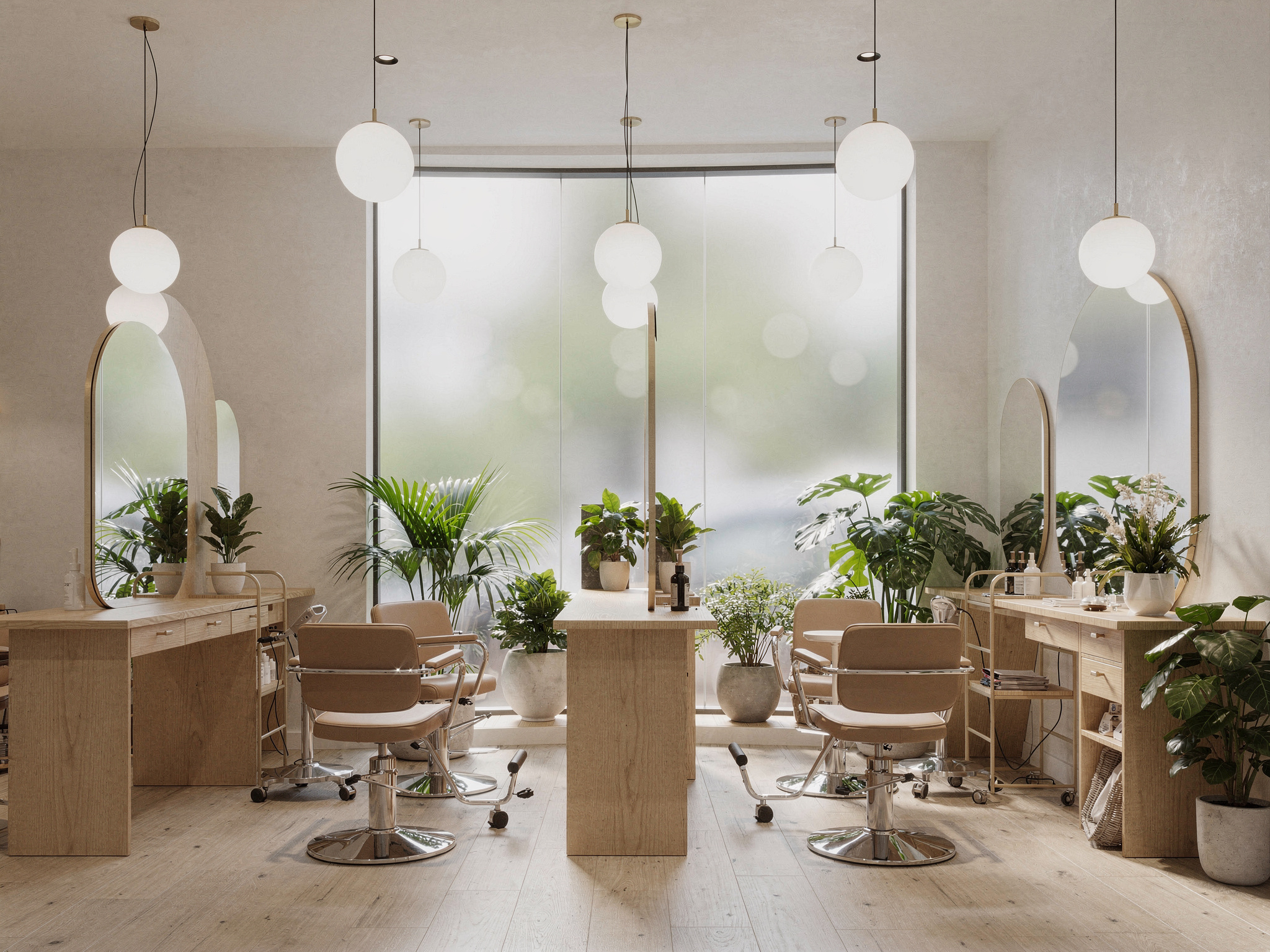 shop3 1 v2 Top Hair Salons in Maple Ridge Bright hair studio interior with arched mirrors and wood styling stations near central Maple Ridge