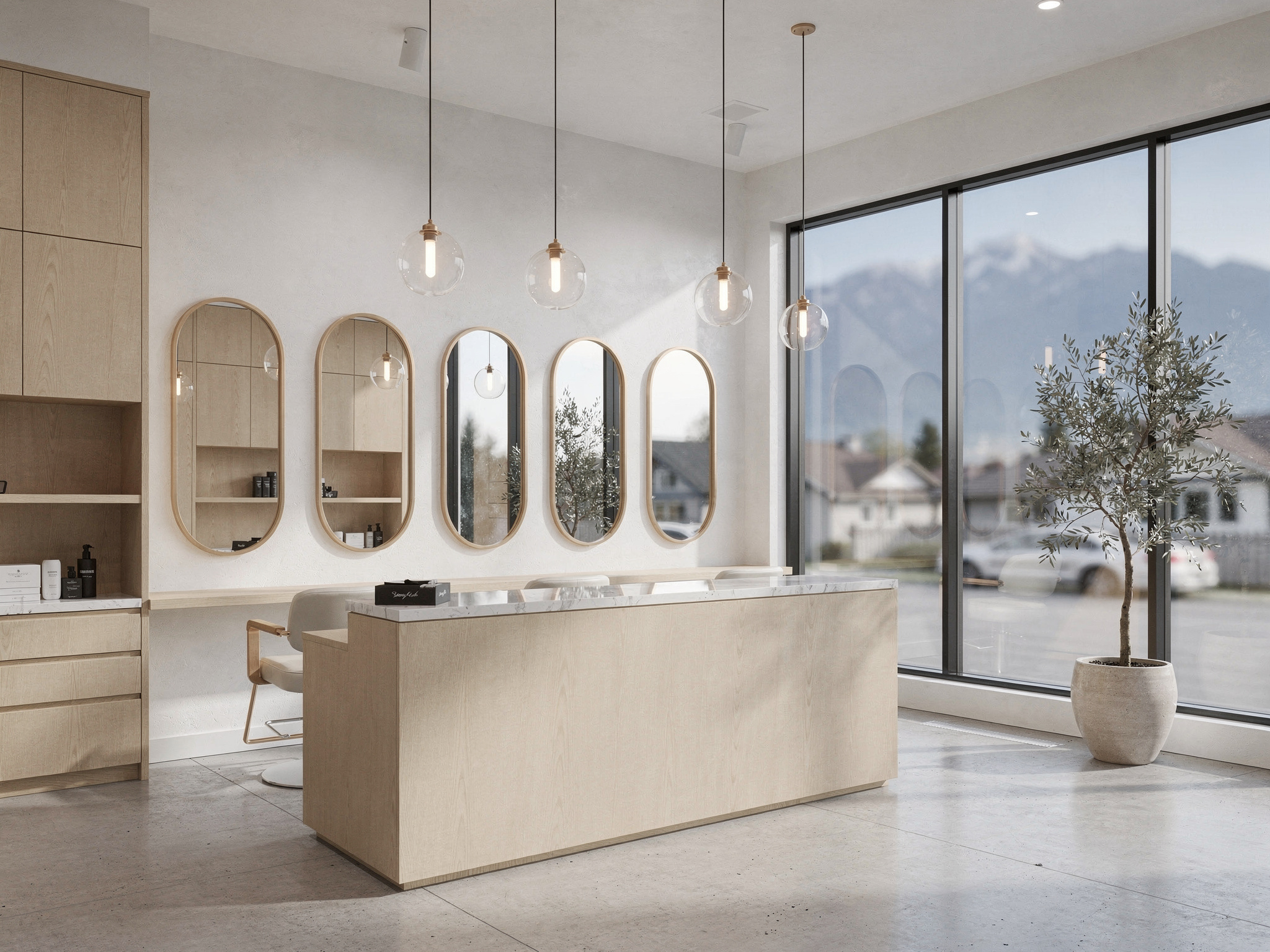shop5 1 v2 Top Hair Salons in Maple Ridge Minimalist hair salon reception and styling stations near Alouette with mountain view windows