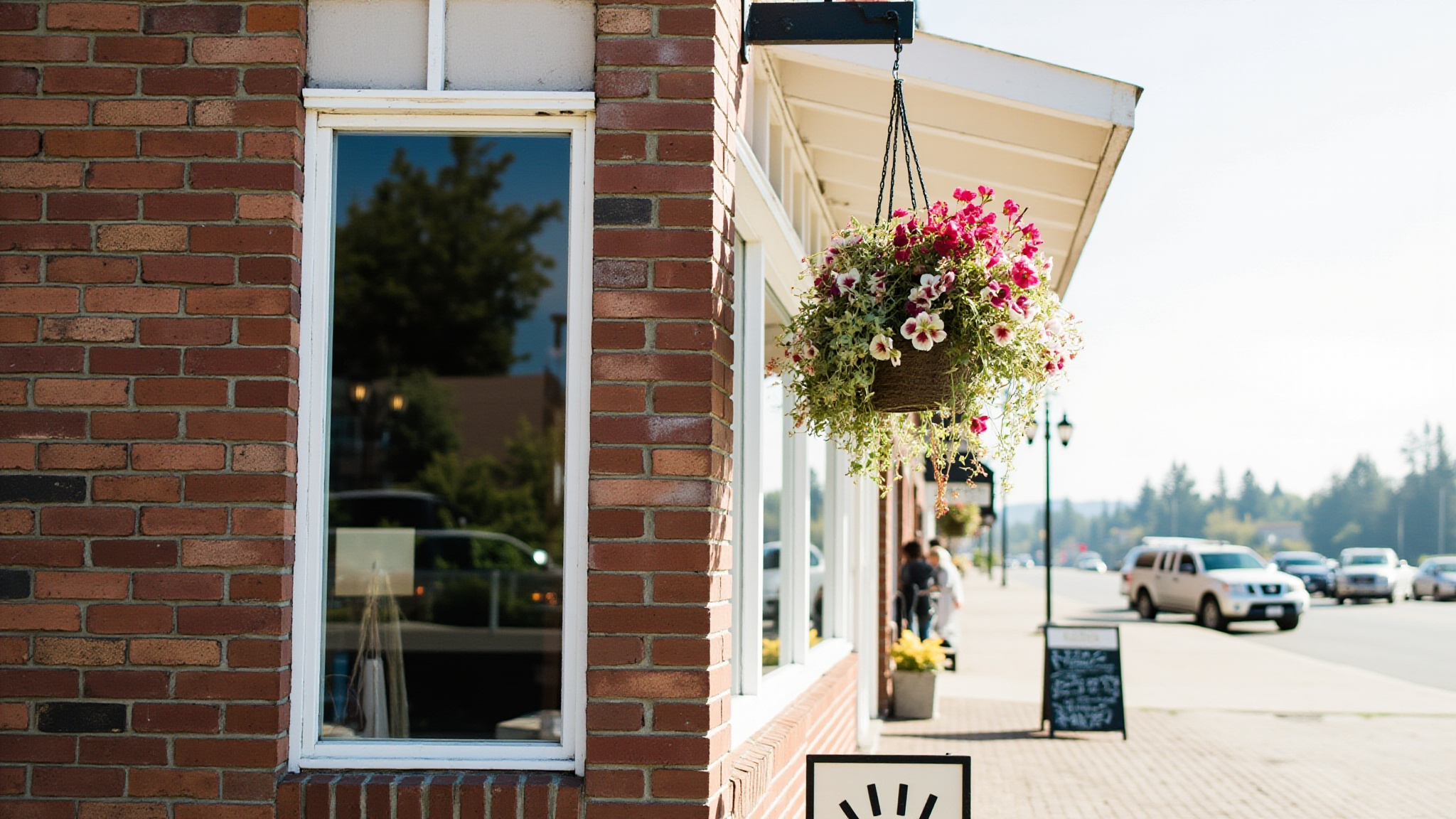 Historic brick storefront corner with hanging flower basket in Haney Village Maple Ridge