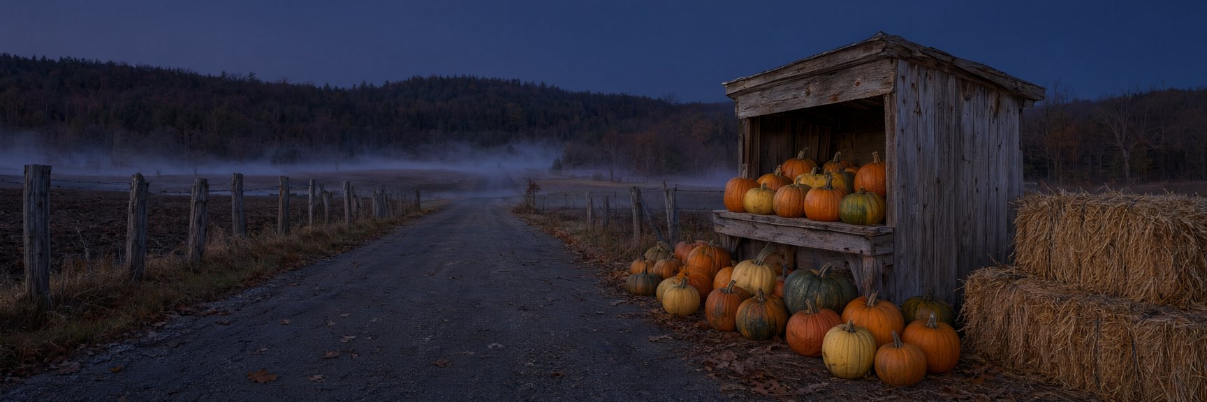 Pumpkins stacked at a roadside farm stand at dusk, with forested hills behind