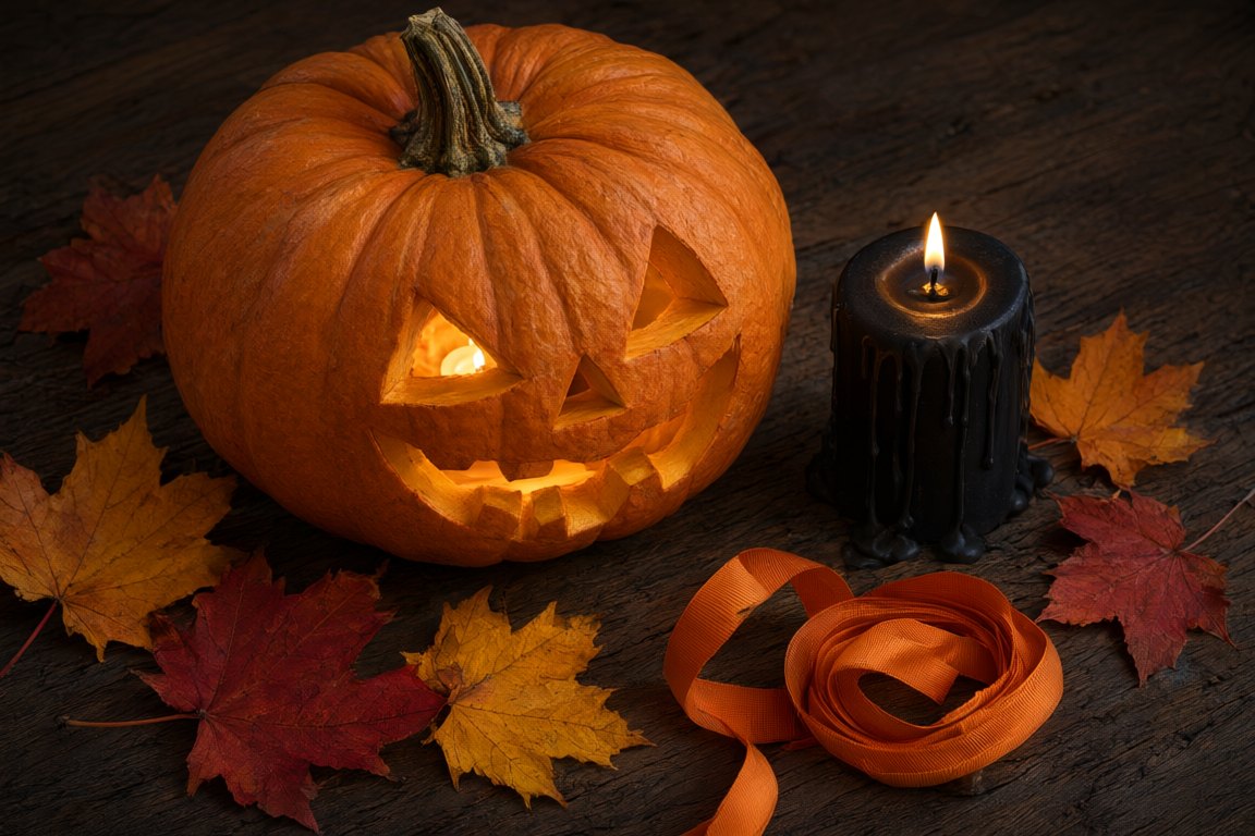 A carved pumpkin lit from a candle beside autumn leaves and a ribbon
