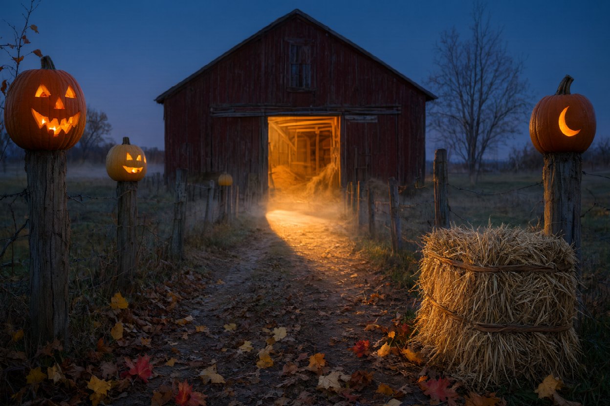 A lit barn doorway at dusk with carved pumpkins along the fence