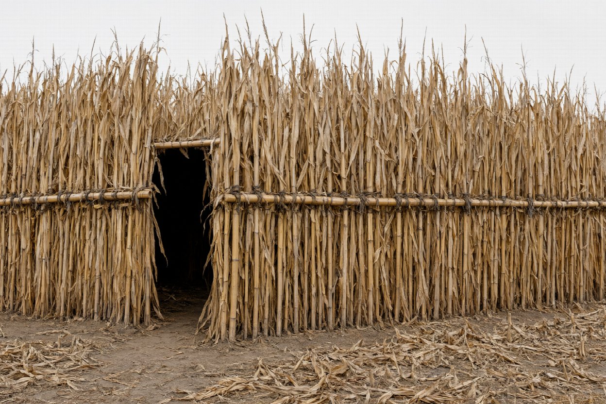 A corn-stalk maze wall with a dark doorway opening in it