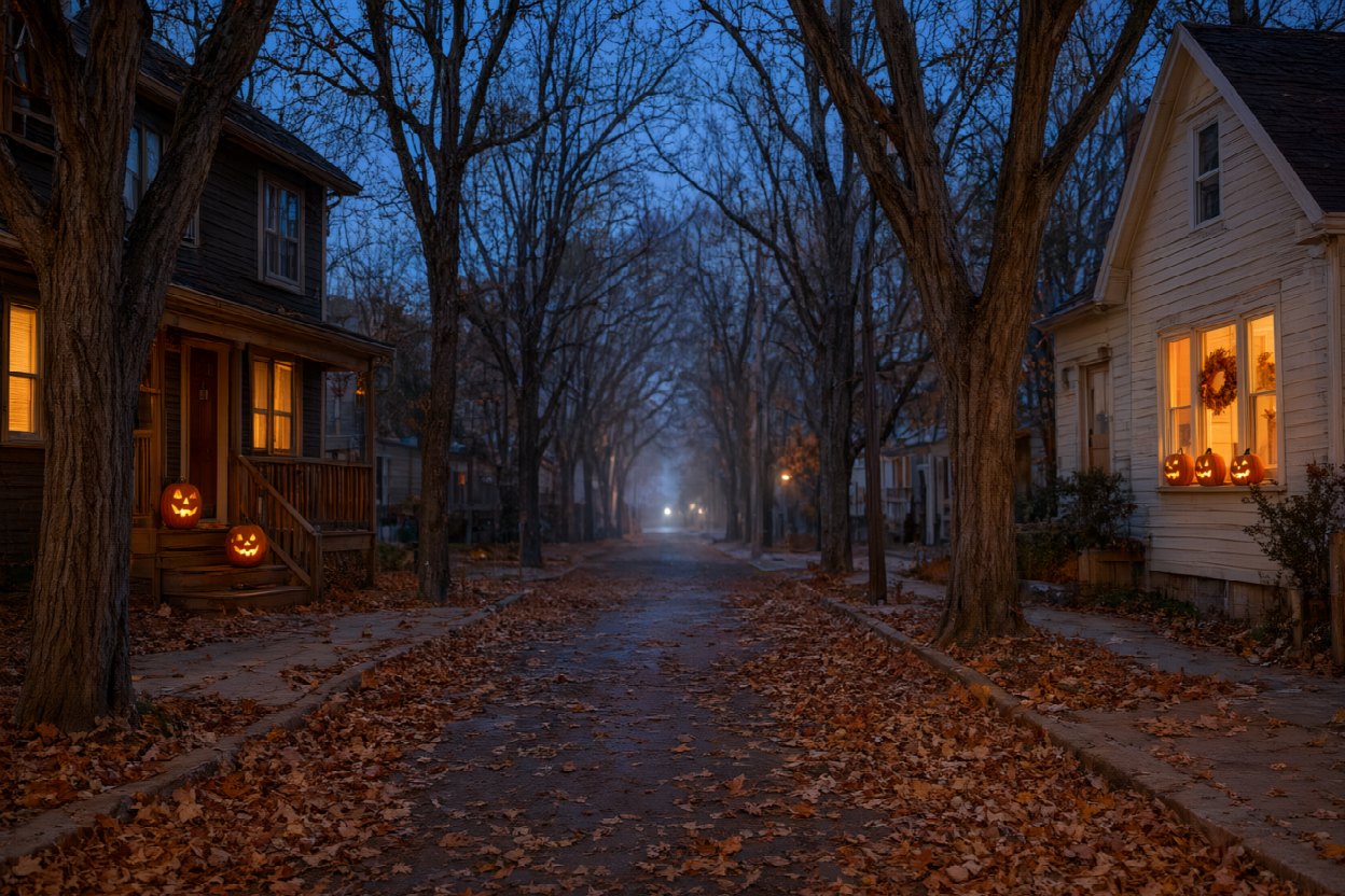 A tree-lined residential street at dusk with jack-o-lanterns on porch steps