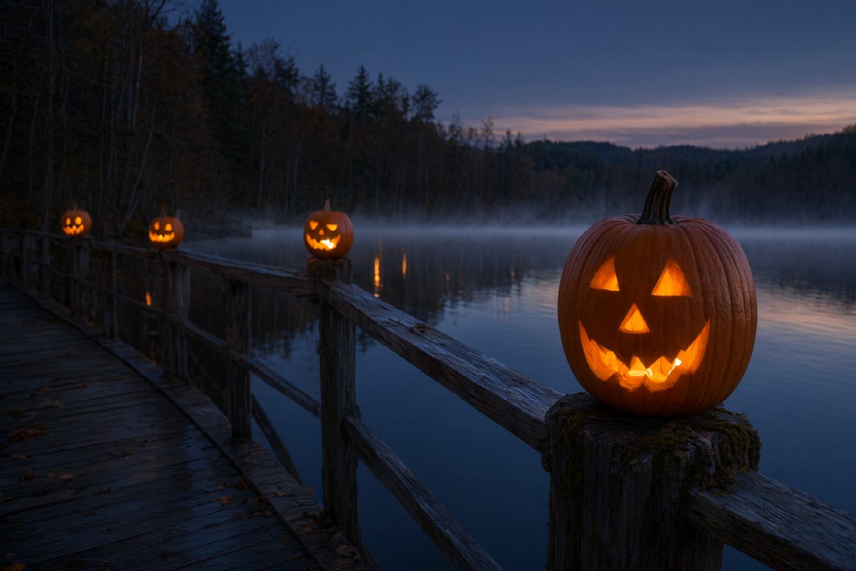A lakeside walkway at dusk with pumpkins along the railing and mist on the water