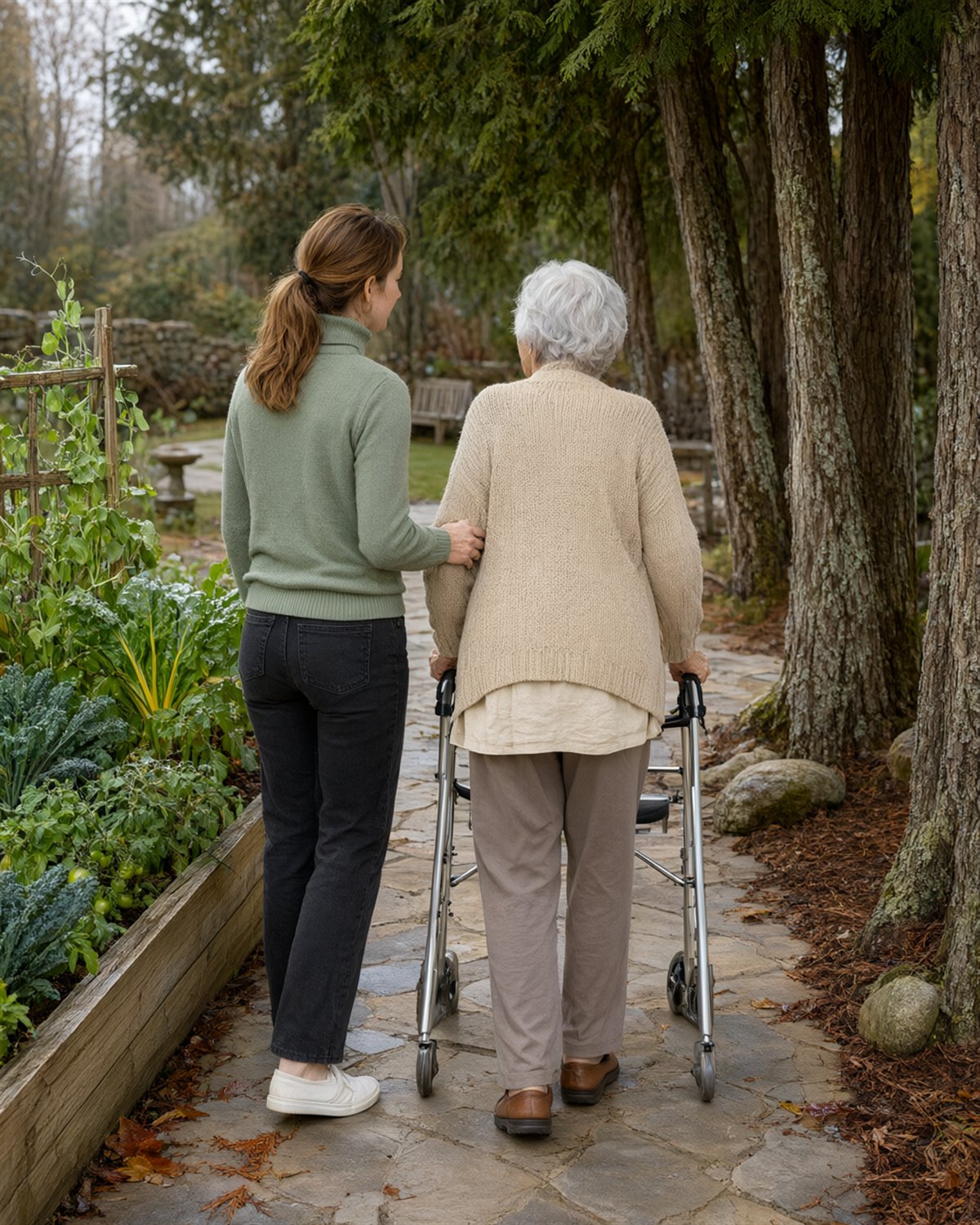 A caregiver walking beside an older woman using a walker on a garden path
