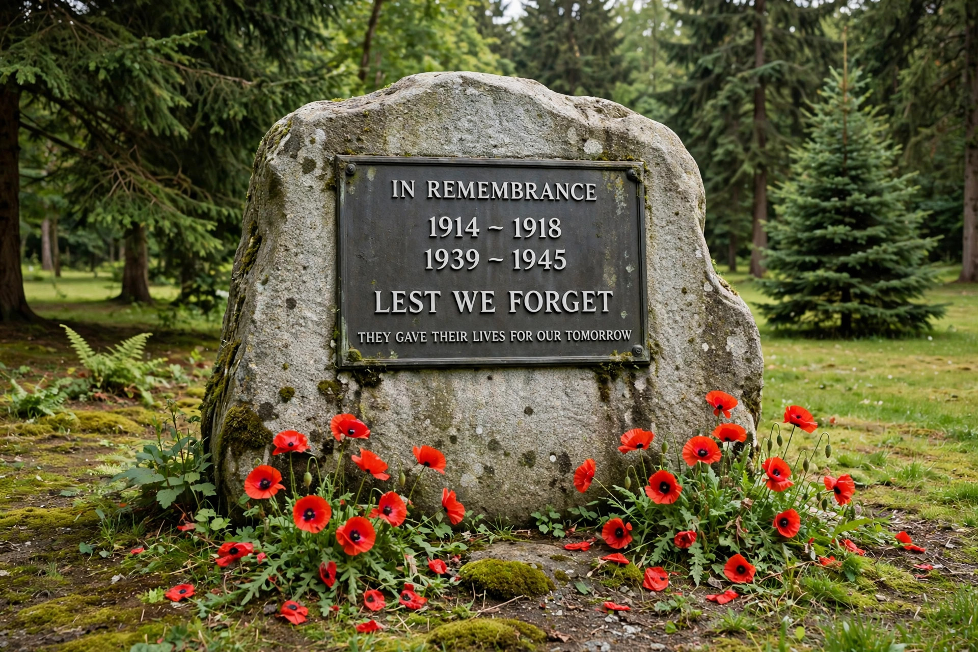 media generation mapleridge plaque park 0 34ccde8c c560 4adc 8a4b 4bd7f7f3c883 Remembrance Day in Maple Ridge 2026: Memorial Peace Park Ceremony A stone war memorial plaque with red poppies at its base in a park, evergreen trees behind, no people