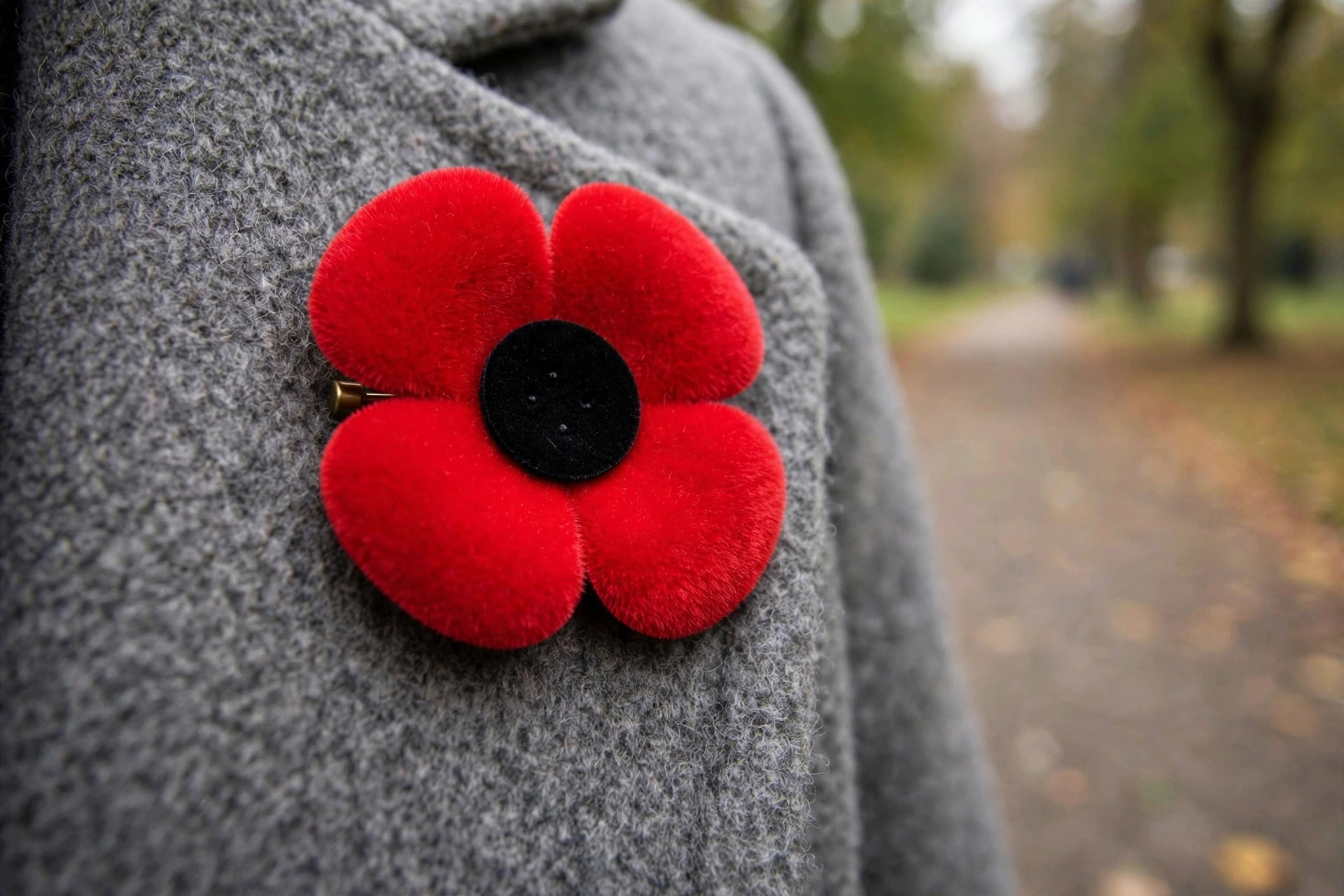 media generation mapleridge poppy park 0 1ded72f8 0a00 45b3 ab6e d5fcf5e3ffb0 Remembrance Day in Maple Ridge 2026: Memorial Peace Park Ceremony A Canadian Legion poppy pin on a grey wool coat, four red flocked petals, flat black centre, no leaf, a park path blurred behind