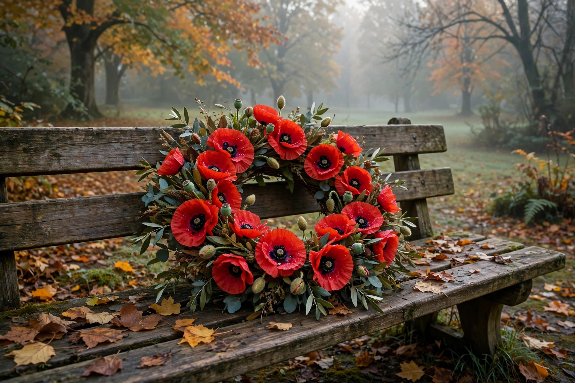 media generation mapleridge wreath bench 0 7deebb22 005b 40a2 a926 d55f7a8046e9 Remembrance Day in Maple Ridge 2026: Memorial Peace Park Ceremony A red poppy wreath on a wooden bench in a peaceful park at dawn, mist, autumn leaves, no people