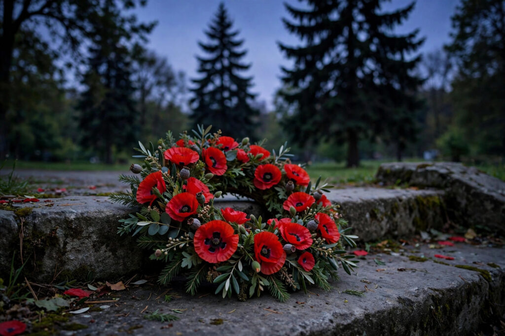 media generation mapleridge wreath dusk 0 33736f45 8f42 4245 861c 9894bb96cb35 Remembrance Day in Maple Ridge 2026: Memorial Peace Park Ceremony A red poppy wreath on a stone step in a peaceful park at dusk, evergreen trees silhouetted, no people