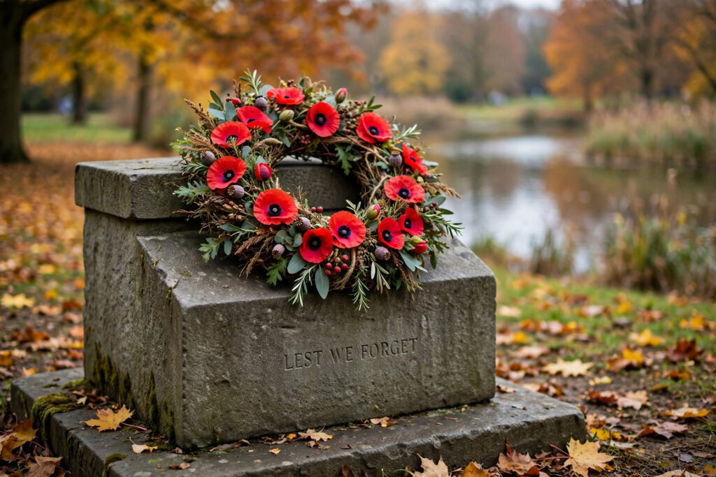A red poppy wreath on a stone memorial in a peaceful park with autumn trees and a small lake blurred behind, no people